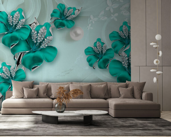 Turquoise blooms with sparkling accents Wall murals Turquoise blooms with sparkling accents