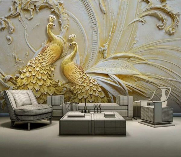 Elegant peacocks in intricate relief Wall murals Elegant peacocks in intricate relief
