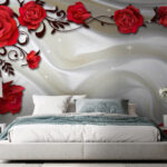 Wall murals Red roses on silky white fabric.