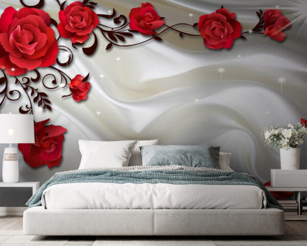 Red roses on silky white fabric Wall murals Red roses on silky white fabric