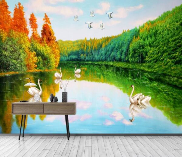 Wall murals Painting of swans on a lake Wall murals Painting of swans on a lake