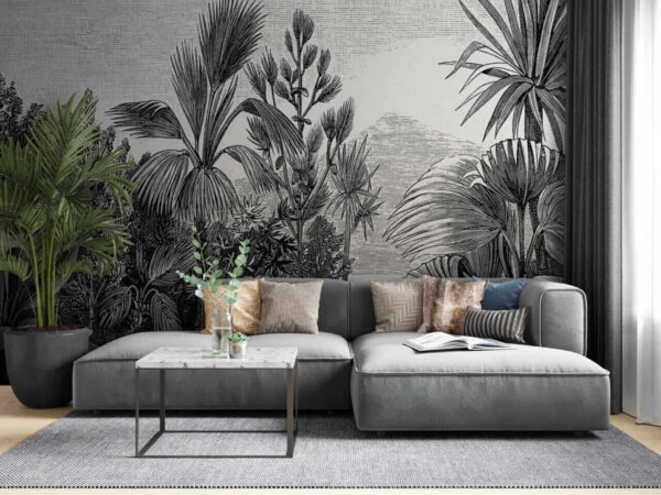 Wall murals Black and white drawing of a tropical forest Wall murals Black and white drawing of a tropical forest