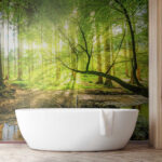 Wall murals Sunlit forest with shimmering stream.