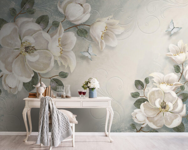 Wall murals White flowers and leaves on a white background Wall murals White flowers and leaves on a white background