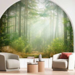 Wall murals Sunlight streaming through forest trees.