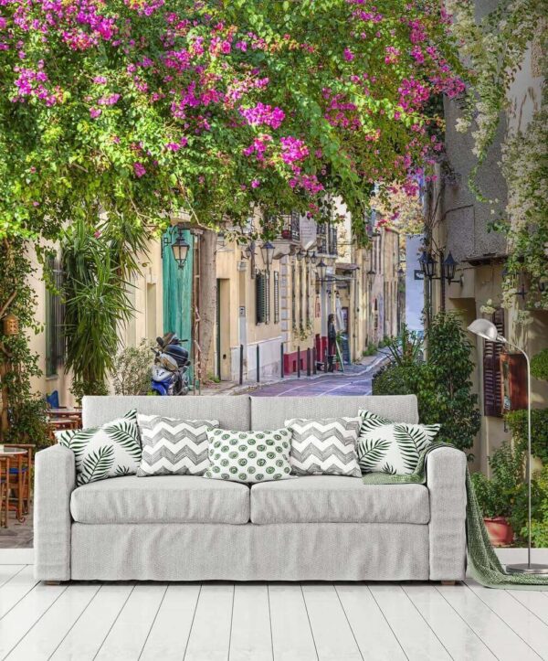 Wall murals Street with tables and chairs and trees Wall murals Street with tables and chairs and trees