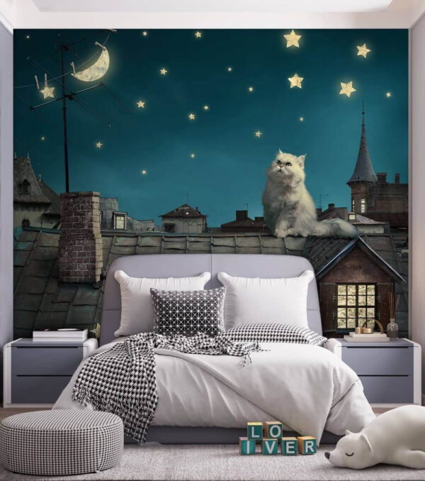 Cat gazes at the night sky Wall murals Cat gazes at the night sky