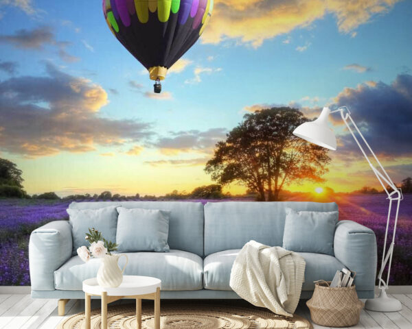 Wall murals Group of hot air balloons flying over a field of flowers Wall murals Group of hot air balloons flying over a field of flowers
