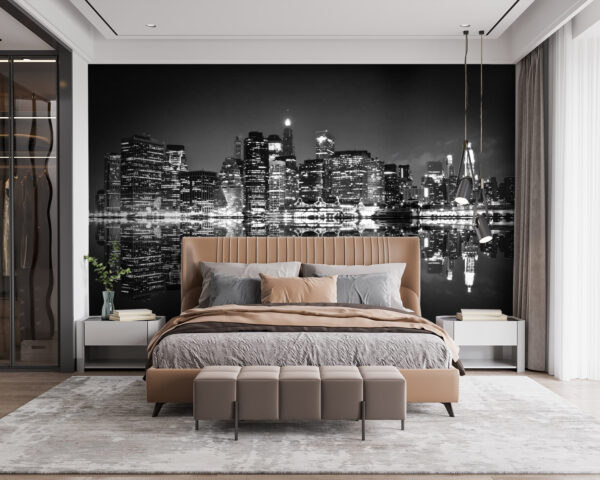 Wall murals City skyline at night with lights reflecting on water Wall murals City skyline at night with lights reflecting on water