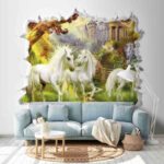 Wall murals Wall with a castle and unicorns