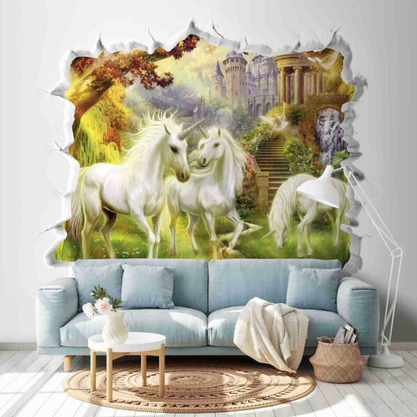 Wall murals Wall with a castle and unicorns Wall murals Wall with a castle and unicorns
