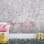 Wall murals Group of pink flamingos in a pond with flowers