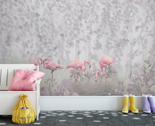 Wall murals Group of pink flamingos in a pond with flowers Wall murals Group of pink flamingos in a pond with flowers