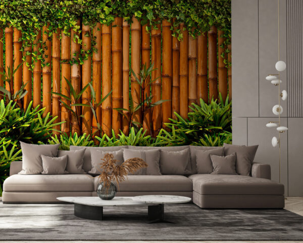 Wall murals Bamboo fence with plants Wall murals Bamboo fence with plants