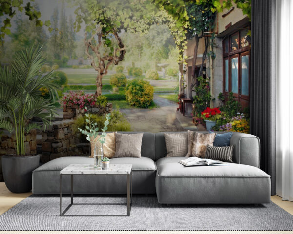 Wall murals Stone walkway with a tree and flowers Wall murals Stone walkway with a tree and flowers