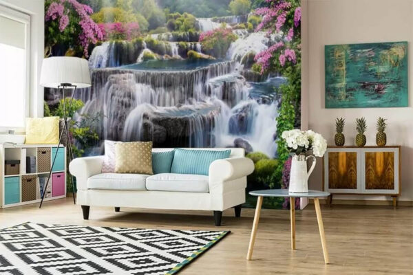 Enchanting waterfall amidst vibrant blossoms Wall murals Enchanting waterfall amidst vibrant blossoms
