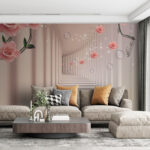 Wall murals Wallpaper with pink roses and white stairs