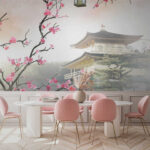 Wall murals Blossoms framing serene Japanese temple.