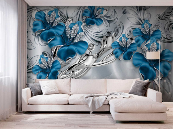 Ornate blue flowers with crystals Wall murals Ornate blue flowers with crystals
