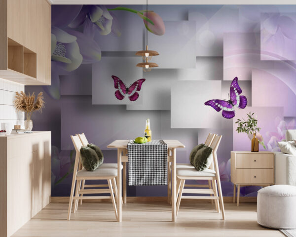 Wall murals Purple and white flowers and butterflies Wall murals Purple and white flowers and butterflies