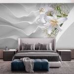 Wall murals Lilies against wavy white pattern.