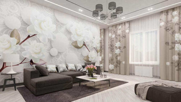 Wall murals White flowers and circles on a white background Wall murals White flowers and circles on a white background