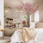 Wall murals Tree with pink flowers and a piano in a room