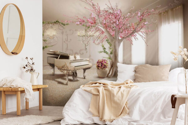 Tree with pink flowers and a piano in a room Wall murals Tree with pink flowers and a piano in a room