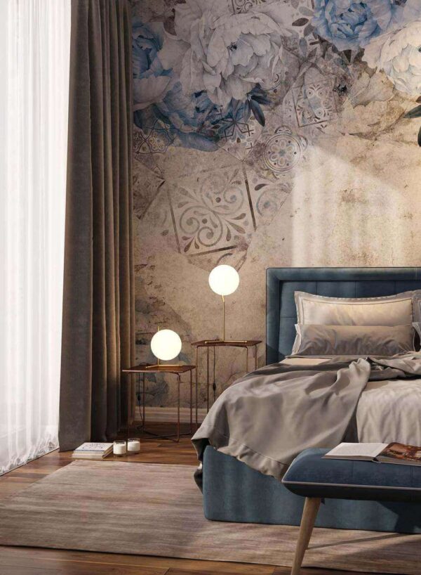 Blue floral pattern with vintage tiles Wall murals Blue floral pattern with vintage tiles