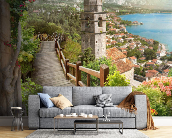 Wall murals Stairway leading to a town Wall murals Stairway leading to a town