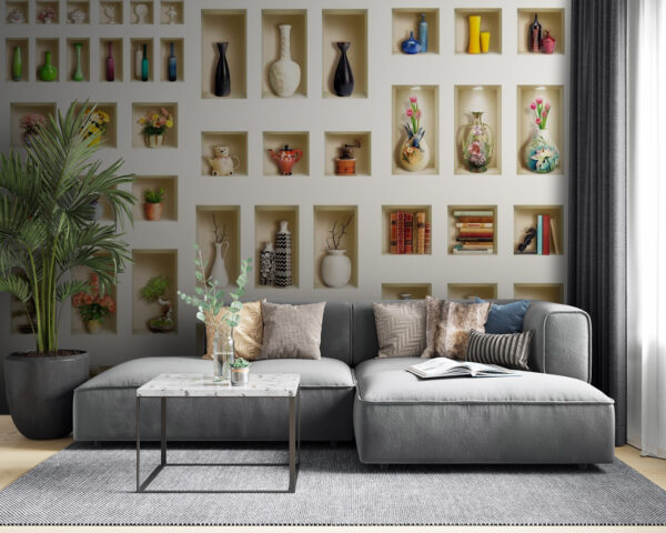 Decorative shelves with colorful items displayed Wall murals Decorative shelves with colorful items displayed