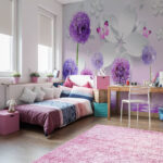 Wall murals Purple blooms with butterflies and reflections