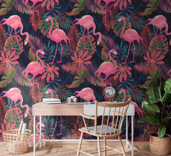 Pattern of pink flamingos and leaves Wall murals Pattern of pink flamingos and leaves