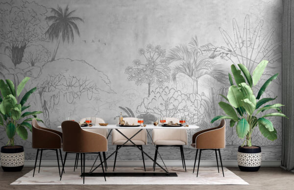 Wall murals Drawing of a river with trees and plants Wall murals Drawing of a river with trees and plants