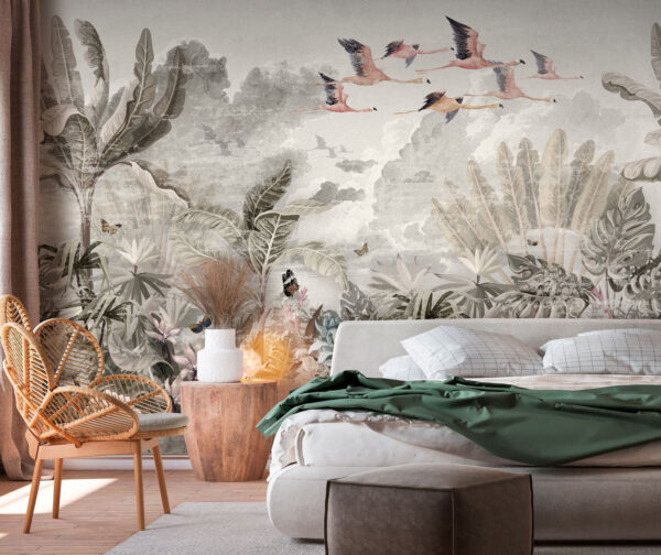 Flamingos soar above lush jungle tapestry Wall murals Flamingos soar above lush jungle tapestry