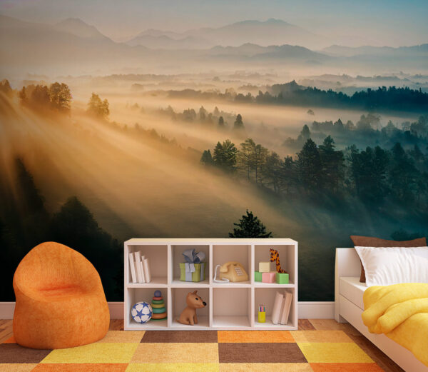 Foggy landscape with trees and mountains Wall murals Foggy landscape with trees and mountains