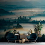 Wall murals Foggy forest with trees and sun rays