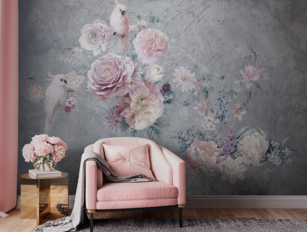Birds perched among pastel blooms Wall murals Birds perched among pastel blooms