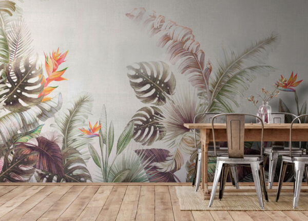 Wall murals Tropical leaves and vibrant flowers Wall murals Tropical leaves and vibrant flowers