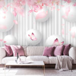 Wall murals Group of white balls with pink butterflies on them