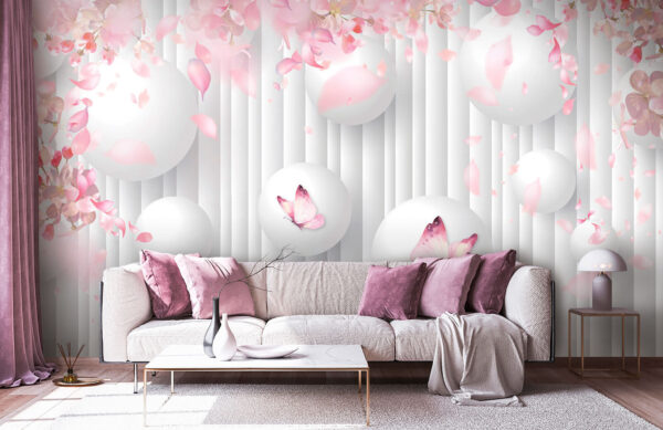 Wall murals Group of white balls with pink butterflies on them Wall murals Group of white balls with pink butterflies on them