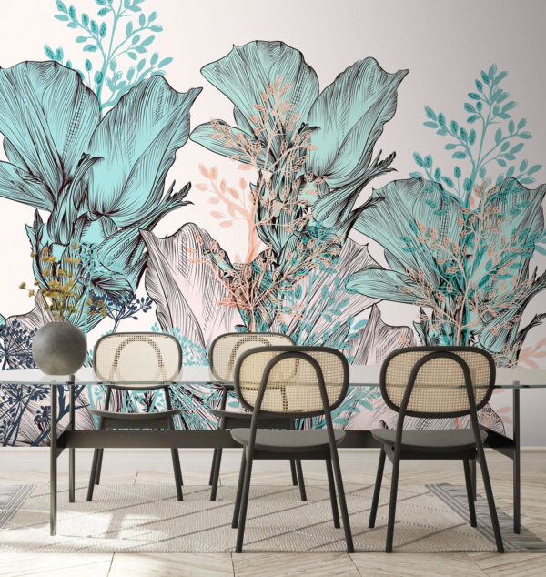 Wall murals Artful botanical illustration in pastel hues Wall murals Artful botanical illustration in pastel hues
