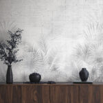 Wall murals Grey and white wallpaper with palm leaves