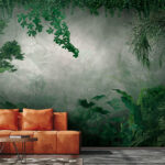 Wall murals Lush, misty jungle foliage scene.
