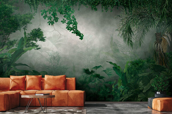 Lush, misty jungle foliage scene Wall murals Lush, misty jungle foliage scene