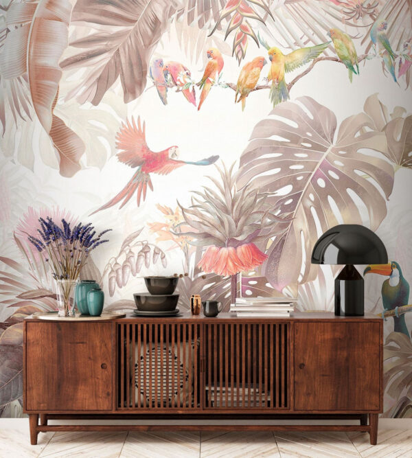 Tropical birds among lush foliage Wall murals Tropical birds among lush foliage