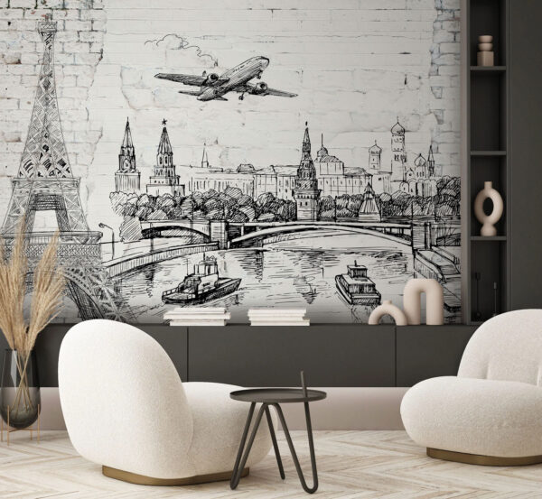 Wall murals Drawing of a city and a bridge Wall murals Drawing of a city and a bridge