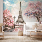 Wall murals Paris romance under cherry blossoms.