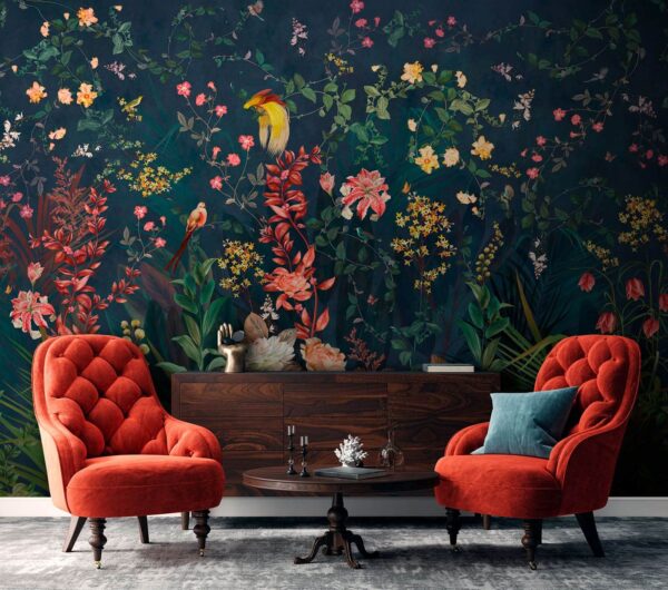 Wall mural Floral paradise with vibrant birds