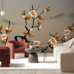 Wall murals Blooming branches in serene landscape.